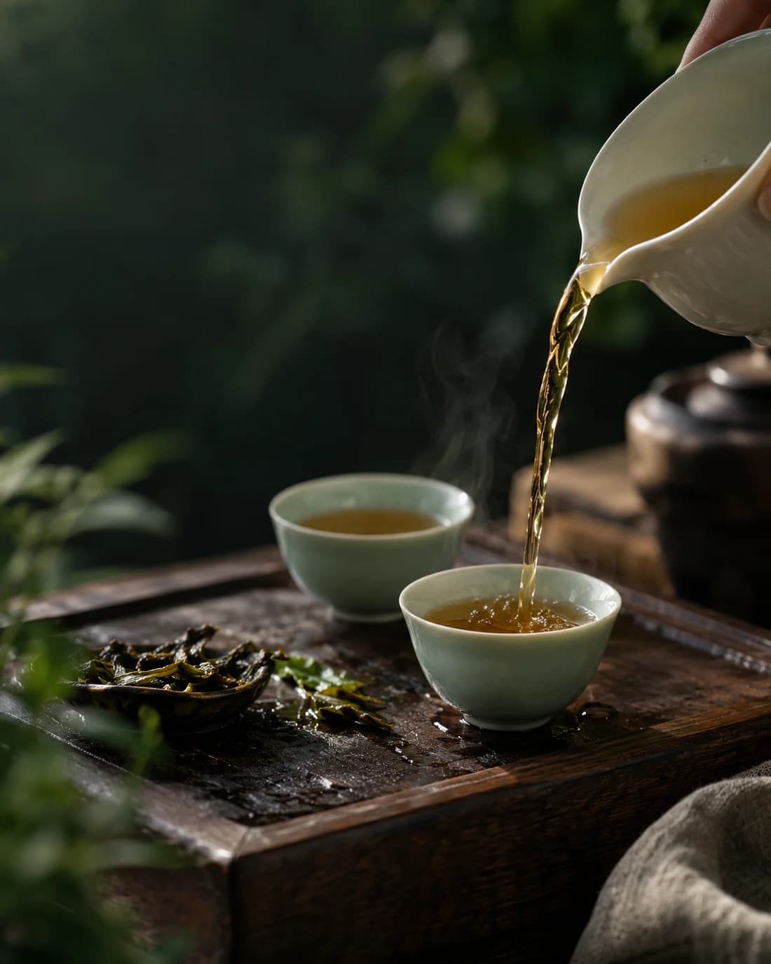 茶汤缓缓注入青瓷茶杯